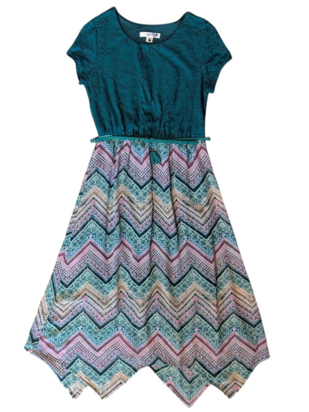 Xhilaration Girls XL 14/16 Teal Burnout Lace Chevron Hanky Hem Belted Dress